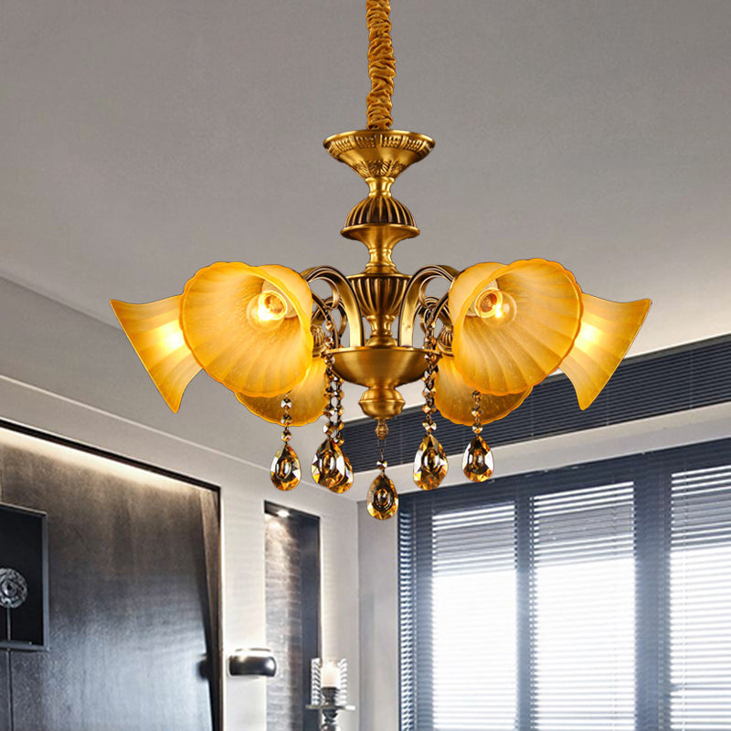 Brass 6 Lights Suspension Lamp Classic Draping Crystal Ball Bell Shade Chandelier Lighting Fixture Clearhalo 'Ceiling Lights' 'Chandeliers' Lighting' options 1031861