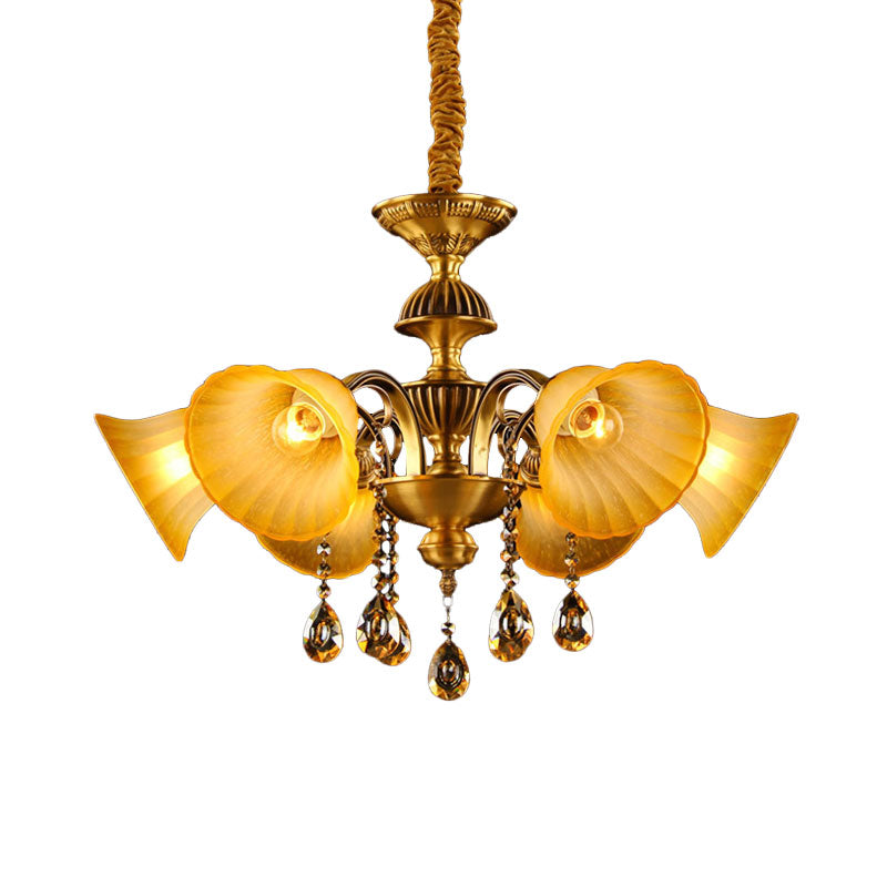 Brass 6 Lights Suspension Lamp Classic Draping Crystal Ball Bell Shade Chandelier Lighting Fixture Clearhalo 'Ceiling Lights' 'Chandeliers' Lighting' options 1031862