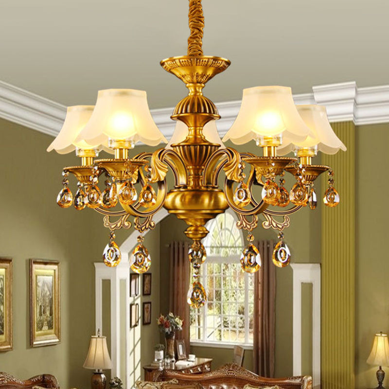 Tapered Shade Pendant Chandelier Mid Century 5-Light Faceted Crystal Finial Ceiling Hang Fixture in Brass Clearhalo 'Ceiling Lights' 'Chandeliers' Lighting' options 1031864