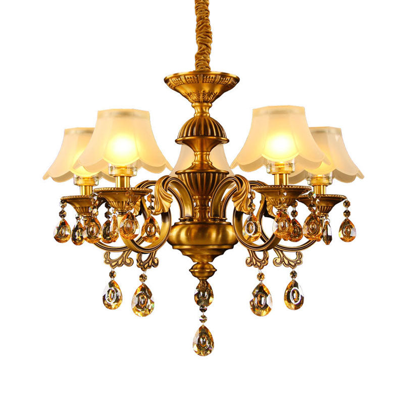 Tapered Shade Pendant Chandelier Mid Century 5-Light Faceted Crystal Finial Ceiling Hang Fixture in Brass Clearhalo 'Ceiling Lights' 'Chandeliers' Lighting' options 1031866