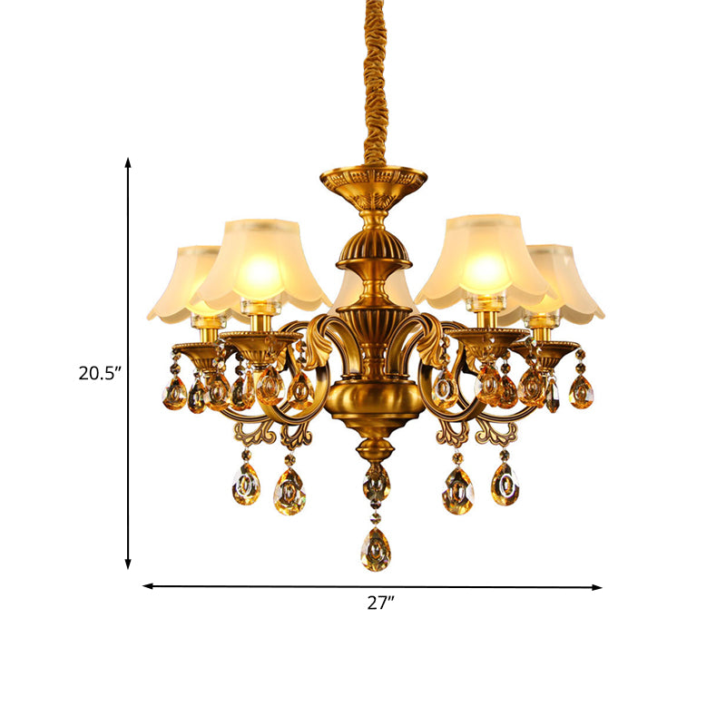 Tapered Shade Pendant Chandelier Mid Century 5-Light Faceted Crystal Finial Ceiling Hang Fixture in Brass Clearhalo 'Ceiling Lights' 'Chandeliers' Lighting' options 1031867