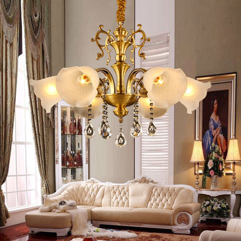 Vintage Floral Shade Ceiling Pendant Light Crystal Orbs 6 Heads Hanging Chandelier in Brass Clearhalo 'Ceiling Lights' 'Chandeliers' Lighting' options 1031868