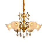 Vintage Floral Shade Ceiling Pendant Light Crystal Orbs 6 Heads Hanging Chandelier in Brass Clearhalo 'Ceiling Lights' 'Chandeliers' Lighting' options 1031870