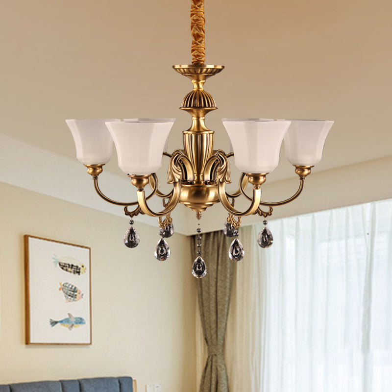 6-Bulb Chandelier with Bell Shade Frosted Glass Classic Hallway Ceiling Suspension Lamp in Brass Clearhalo 'Ceiling Lights' 'Chandeliers' Lighting' options 1031872