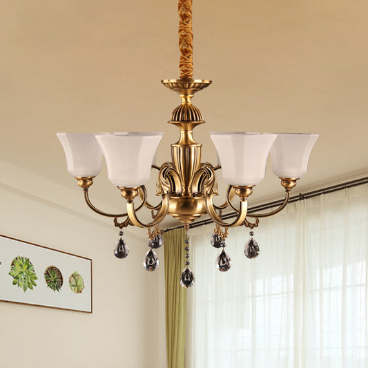 6-Bulb Chandelier with Bell Shade Frosted Glass Classic Hallway Ceiling Suspension Lamp in Brass Clearhalo 'Ceiling Lights' 'Chandeliers' Lighting' options 1031873