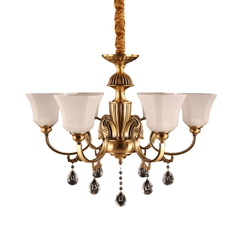 6-Bulb Chandelier with Bell Shade Frosted Glass Classic Hallway Ceiling Suspension Lamp in Brass Clearhalo 'Ceiling Lights' 'Chandeliers' Lighting' options 1031874