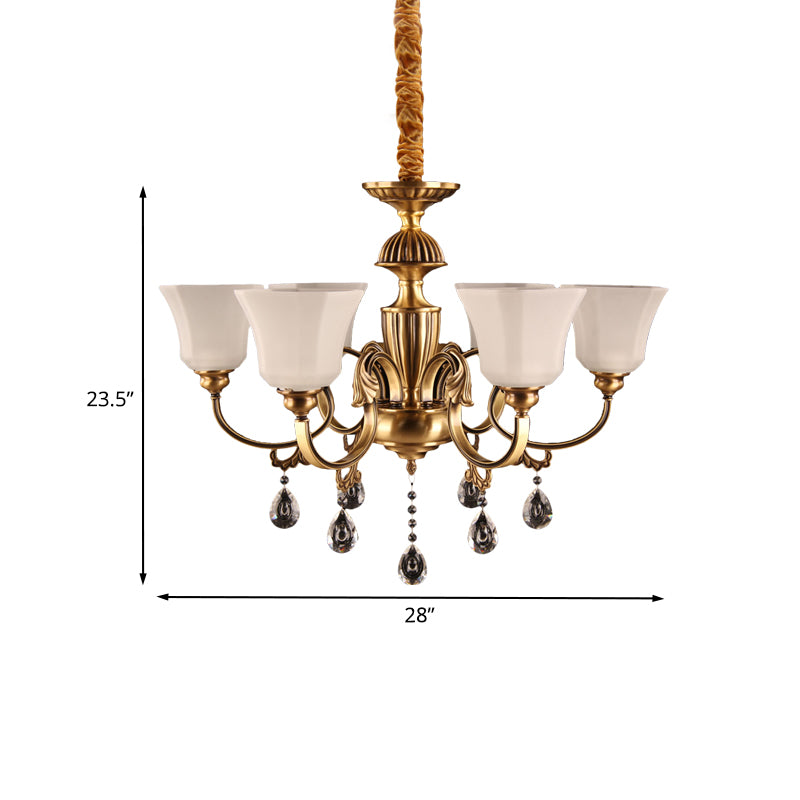 6-Bulb Chandelier with Bell Shade Frosted Glass Classic Hallway Ceiling Suspension Lamp in Brass Clearhalo 'Ceiling Lights' 'Chandeliers' Lighting' options 1031875