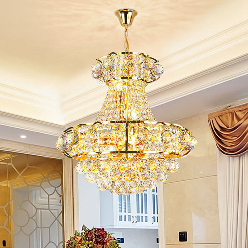 Crystal Raindrop Tapered Ceiling Light Luxury 6-Head Guest Room Pendant Chandelier in Gold Gold Clearhalo 'Ceiling Lights' 'Chandeliers' 'Modern Chandeliers' 'Modern' Lighting' 1031880