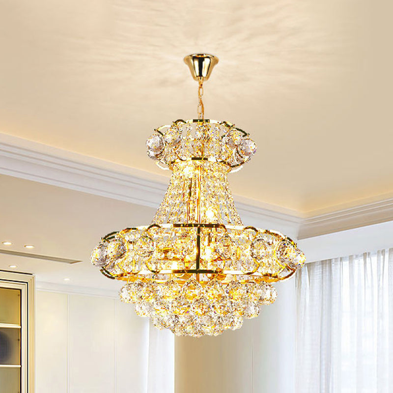 Crystal Raindrop Tapered Ceiling Light Luxury 6-Head Guest Room Pendant Chandelier in Gold Clearhalo 'Ceiling Lights' 'Chandeliers' 'Modern Chandeliers' 'Modern' Lighting' 1031881