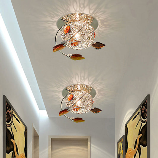 Leaf Corridor Flushmount Light Modernism Faceted Tan Crystal 1 Light Lighting Fixture with Globe Cage Shade Tan Clearhalo 'Ceiling Lights' 'Close To Ceiling Lights' 'Close to ceiling' 'Flush mount' Lighting' 1031924