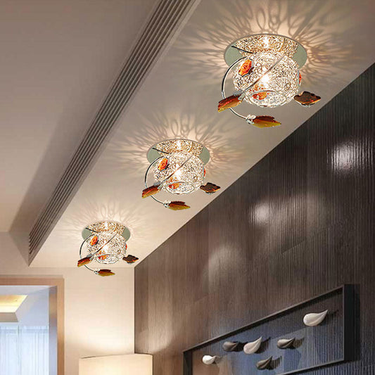 Leaf Corridor Flushmount Light Modernism Faceted Tan Crystal 1 Light Lighting Fixture with Globe Cage Shade Clearhalo 'Ceiling Lights' 'Close To Ceiling Lights' 'Close to ceiling' 'Flush mount' Lighting' 1031925