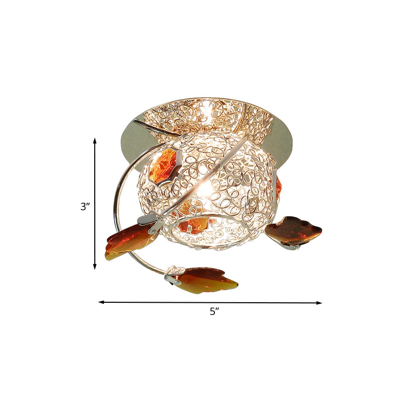 Leaf Corridor Flushmount Light Modernism Faceted Tan Crystal 1 Light Lighting Fixture with Globe Cage Shade Clearhalo 'Ceiling Lights' 'Close To Ceiling Lights' 'Close to ceiling' 'Flush mount' Lighting' 1031927