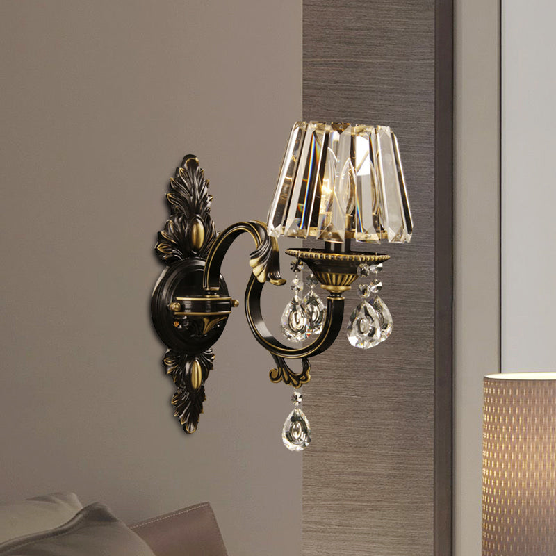 Contemporary Conic Shade Wall Sconce 1 Head Hand-Cut Crystal Wall Mount Light Fixture in Black and Gold Black-Gold Clearhalo 'Cast Iron' 'Glass' 'Industrial' 'Modern wall lights' 'Modern' 'Tiffany' 'Traditional wall lights' 'Wall Lamps & Sconces' 'Wall Lights' Lighting' 1031952