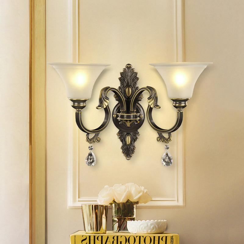 Black and Gold 2-Bulb Wall Mounted Lamp Simple Crystal Raindrop Bell Shade Sconce Light Fixture Black-Gold Clearhalo 'Modern wall lights' 'Modern' 'Wall Lamps & Sconces' 'Wall Lights' Lighting' 1031956