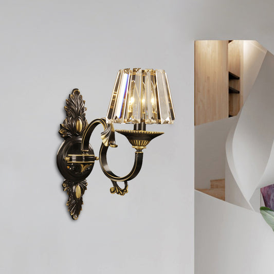 Beveled Crystal Prism Black and Gold Sconce Conic 1 Light Contemporary Wall Mounted Light Black-Gold Clearhalo 'Cast Iron' 'Glass' 'Industrial' 'Modern wall lights' 'Modern' 'Tiffany' 'Traditional wall lights' 'Wall Lamps & Sconces' 'Wall Lights' Lighting' 1031968