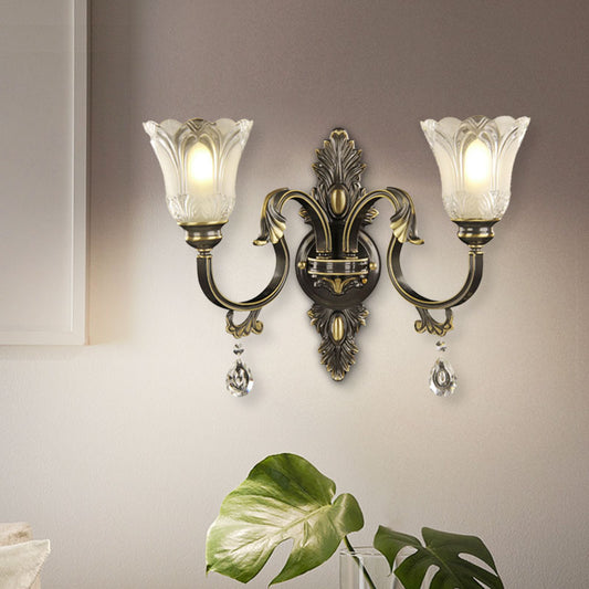 Floral Shade Wall Sconce Lighting Modernism 2 Lights Crystal Drip Wall Mount Light Fixture in Black and Gold Black-Gold Clearhalo 'Modern wall lights' 'Modern' 'Wall Lamps & Sconces' 'Wall Lights' Lighting' 1031972