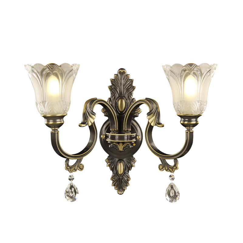 Floral Shade Wall Sconce Lighting Modernism 2 Lights Crystal Drip Wall Mount Light Fixture in Black and Gold Clearhalo 'Modern wall lights' 'Modern' 'Wall Lamps & Sconces' 'Wall Lights' Lighting' 1031973