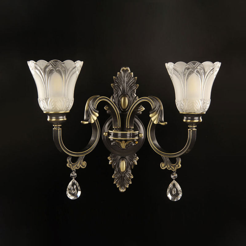 Floral Shade Wall Sconce Lighting Modernism 2 Lights Crystal Drip Wall Mount Light Fixture in Black and Gold Clearhalo 'Modern wall lights' 'Modern' 'Wall Lamps & Sconces' 'Wall Lights' Lighting' 1031974