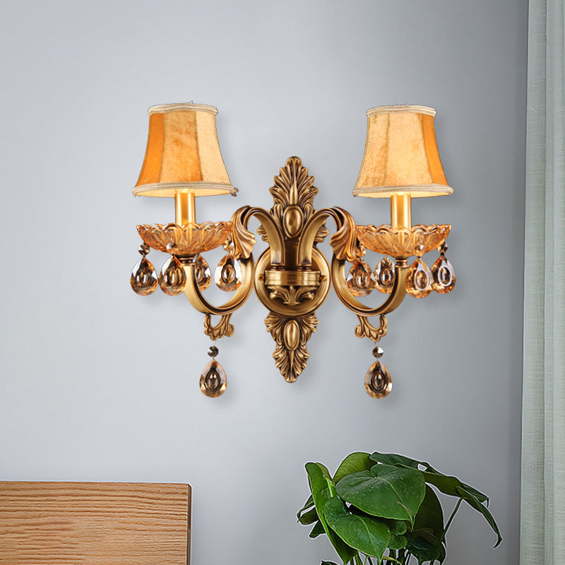 Crystal Raindrop Fabric Shade Sconce Countryside Bedroom Wall Lighting Idea in Brass Brass Clearhalo 'Wall Lamps & Sconces' 'Wall Lights' Lighting' 1031976