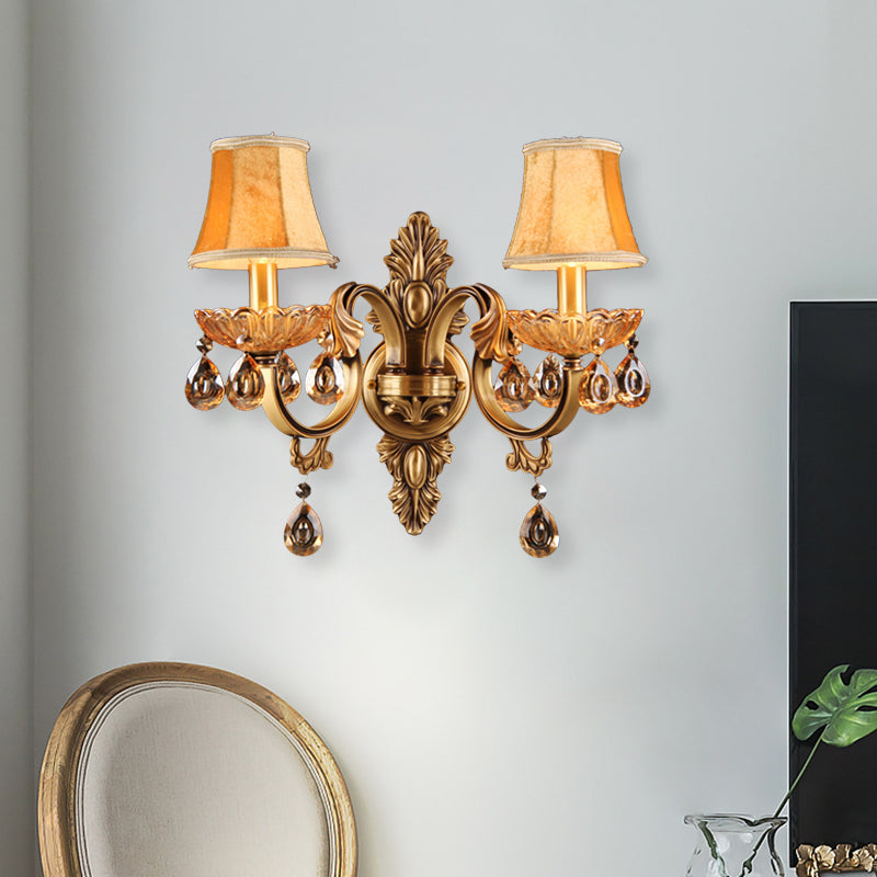 Crystal Raindrop Fabric Shade Sconce Countryside Bedroom Wall Lighting Idea in Brass Clearhalo 'Wall Lamps & Sconces' 'Wall Lights' Lighting' 1031977