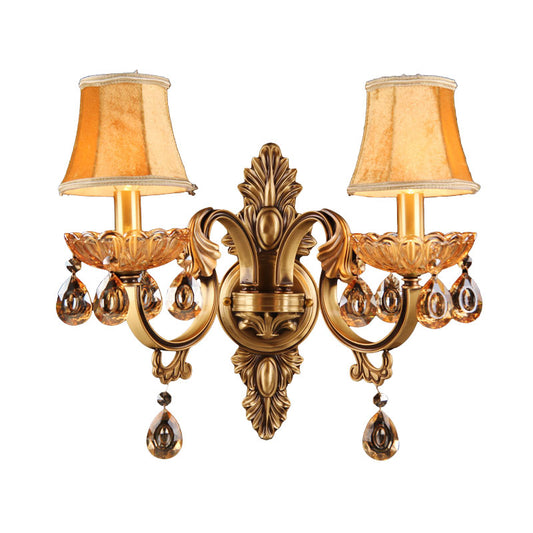 Crystal Raindrop Fabric Shade Sconce Countryside Bedroom Wall Lighting Idea in Brass Clearhalo 'Wall Lamps & Sconces' 'Wall Lights' Lighting' 1031978