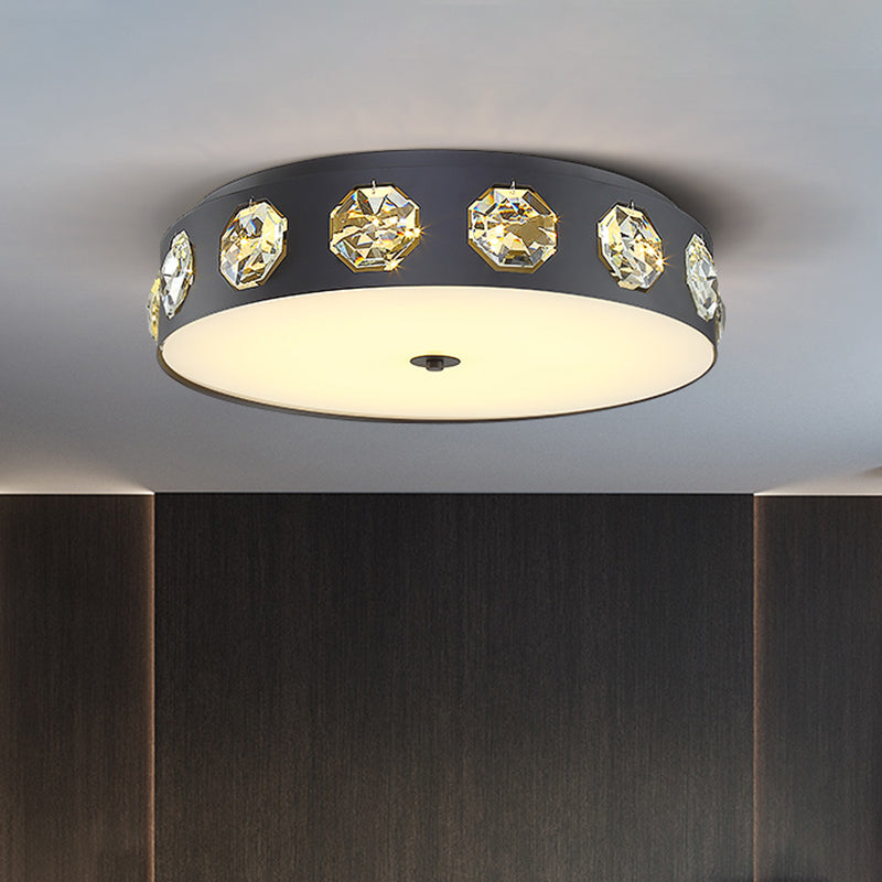 Black LED Light Fixture Ceiling Contemporary Inserted Crystal Drum Flush Mount Spotlight Clearhalo 'Ceiling Lights' 'Close To Ceiling Lights' 'Close to ceiling' 'Flush mount' Lighting' 1032009