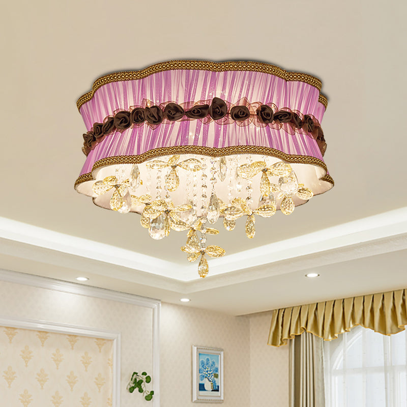 Coffee/Pink 6-Bulb Flushmount Light Nordic Faceted Crystal Final Flower Pattern Close to Ceiling Lighting with Sheer Fabric Shade Pink Clearhalo 'Ceiling Lights' 'Close To Ceiling Lights' 'Close to ceiling' 'Flush mount' Lighting' 1032024