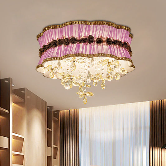 Coffee/Pink 6-Bulb Flushmount Light Nordic Faceted Crystal Final Flower Pattern Close to Ceiling Lighting with Sheer Fabric Shade Clearhalo 'Ceiling Lights' 'Close To Ceiling Lights' 'Close to ceiling' 'Flush mount' Lighting' 1032025
