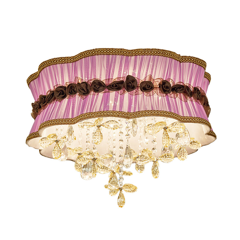 Coffee/Pink 6-Bulb Flushmount Light Nordic Faceted Crystal Final Flower Pattern Close to Ceiling Lighting with Sheer Fabric Shade Clearhalo 'Ceiling Lights' 'Close To Ceiling Lights' 'Close to ceiling' 'Flush mount' Lighting' 1032026