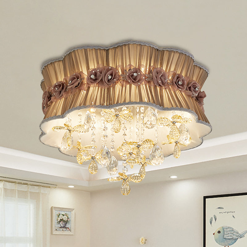 Coffee/Pink 6-Bulb Flushmount Light Nordic Faceted Crystal Final Flower Pattern Close to Ceiling Lighting with Sheer Fabric Shade Coffee Clearhalo 'Ceiling Lights' 'Close To Ceiling Lights' 'Close to ceiling' 'Flush mount' Lighting' 1032028