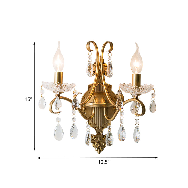 2 Bulbs Wall Light Fixture Traditional Candlestick Draping Crystal Raindrop Sconce Light in Gold Clearhalo 'Wall Lamps & Sconces' 'Wall Lights' Lighting' 1032067