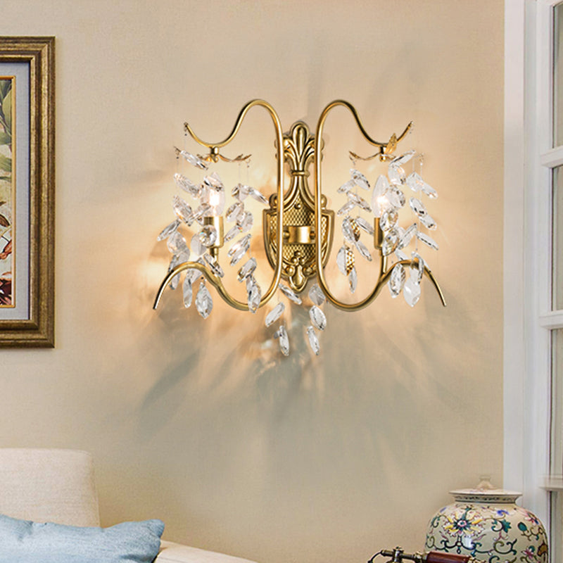 Gold Leaves Sconce Light Original Crystal Drip 2 Lights Guest Room Wall Lighting Fixture Gold Clearhalo 'Wall Lamps & Sconces' 'Wall Lights' Lighting' 1032085