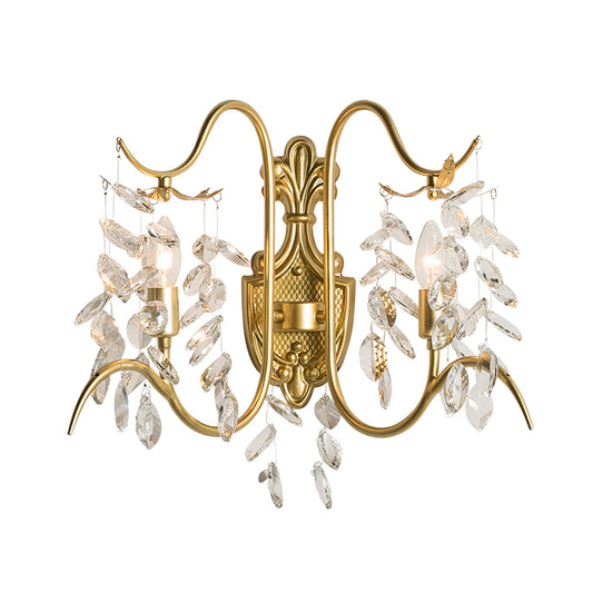 Gold Leaves Sconce Light Original Crystal Drip 2 Lights Guest Room Wall Lighting Fixture Clearhalo 'Wall Lamps & Sconces' 'Wall Lights' Lighting' 1032087