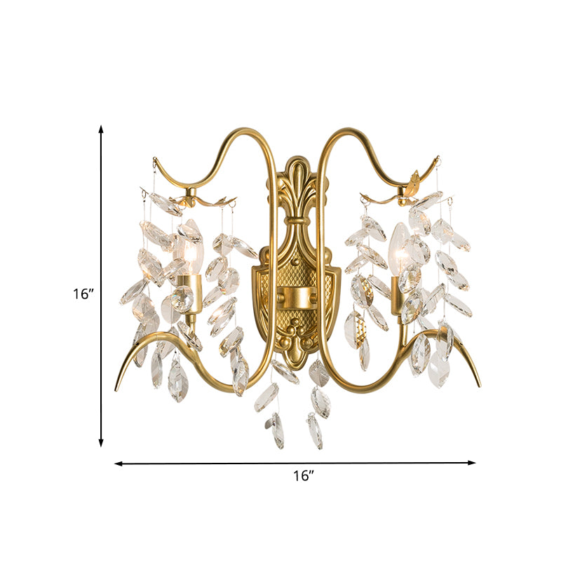 Gold Leaves Sconce Light Original Crystal Drip 2 Lights Guest Room Wall Lighting Fixture Clearhalo 'Wall Lamps & Sconces' 'Wall Lights' Lighting' 1032088