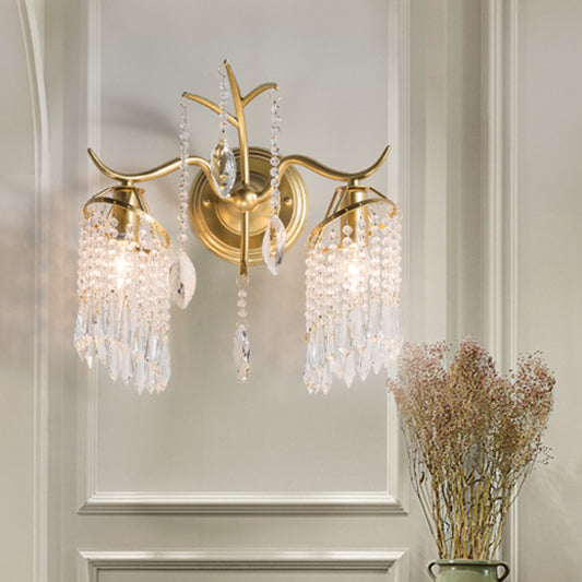 2 Heads Windbell Wall Lighting Minimalist Gold Draping Crystal Teardrop Wall Sconce Light Gold Clearhalo 'Modern wall lights' 'Modern' 'Wall Lamps & Sconces' 'Wall Lights' Lighting' 1032089