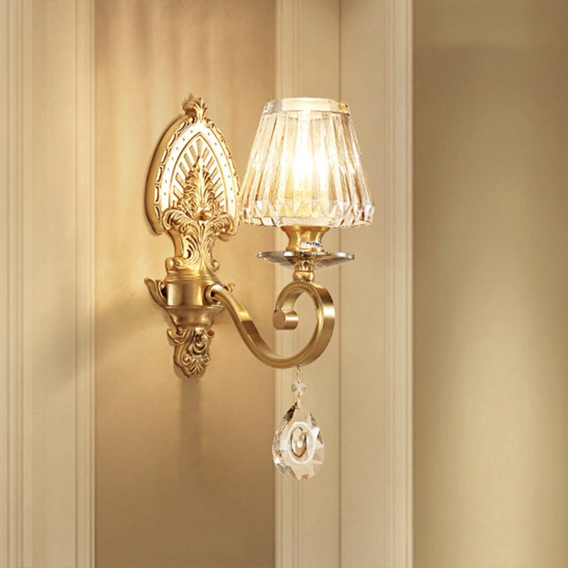 Prismatic Optical Crystal Tapered Wall Sconce Contemporary 1-Light Bedroom Wall Lighting Idea in Gold Clearhalo 'Modern wall lights' 'Modern' 'Wall Lamps & Sconces' 'Wall Lights' Lighting' 1032107