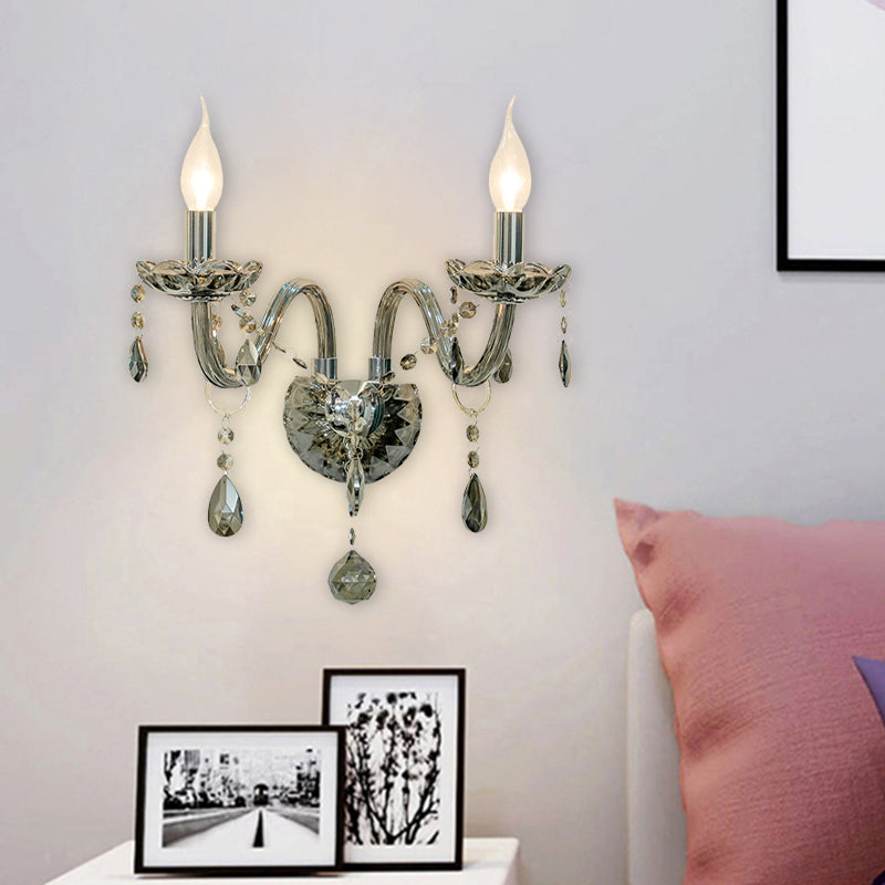 Crystal Teardrop Smoke Grey Wall Sconce Candlestick 1/2-Bulb Traditional Wall Mount Light 2.0 Smoke Gray Clearhalo 'Wall Lamps & Sconces' 'Wall Lights' Lighting' 1032126