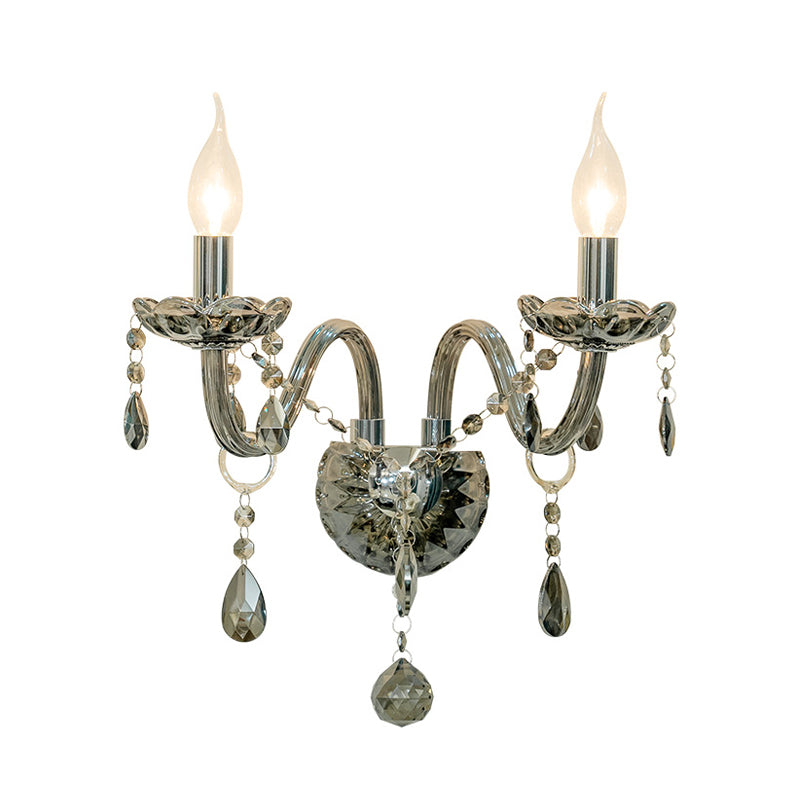 Crystal Teardrop Smoke Grey Wall Sconce Candlestick 1/2-Bulb Traditional Wall Mount Light Clearhalo 'Wall Lamps & Sconces' 'Wall Lights' Lighting' 1032127