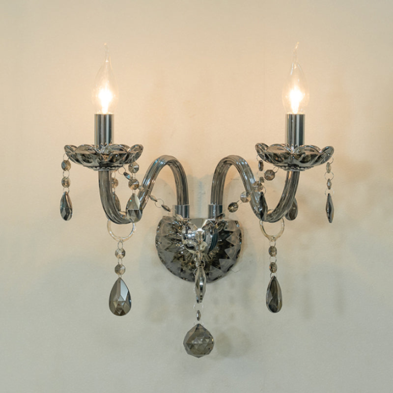 Crystal Teardrop Smoke Grey Wall Sconce Candlestick 1/2-Bulb Traditional Wall Mount Light Clearhalo 'Wall Lamps & Sconces' 'Wall Lights' Lighting' 1032128