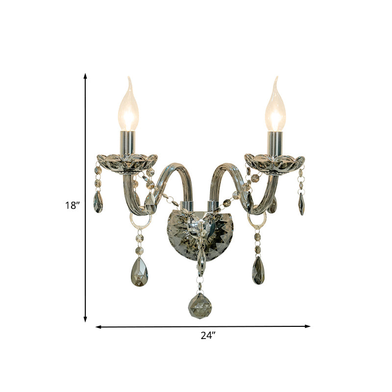 Crystal Teardrop Smoke Grey Wall Sconce Candlestick 1/2-Bulb Traditional Wall Mount Light Clearhalo 'Wall Lamps & Sconces' 'Wall Lights' Lighting' 1032129