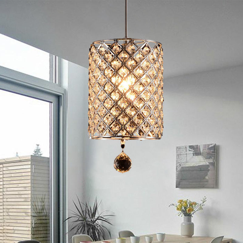 Faceted Crystal Finial Cylindrical Hanging Pendant Modern 1 Head Living Room Ceiling Lamp in Silver Silver Clearhalo 'Ceiling Lights' 'Modern Pendants' 'Modern' 'Pendant Lights' 'Pendants' Lighting' 1032135