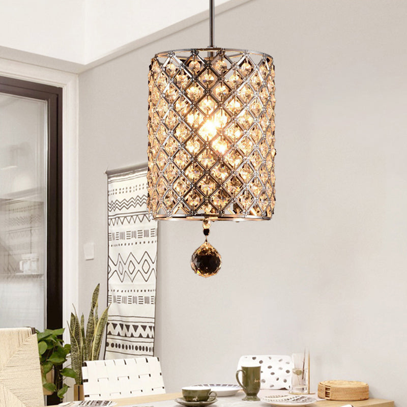 Faceted Crystal Finial Cylindrical Hanging Pendant Modern 1 Head Living Room Ceiling Lamp in Silver Clearhalo 'Ceiling Lights' 'Modern Pendants' 'Modern' 'Pendant Lights' 'Pendants' Lighting' 1032136