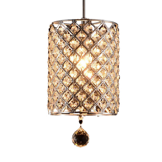 Faceted Crystal Finial Cylindrical Hanging Pendant Modern 1 Head Living Room Ceiling Lamp in Silver Clearhalo 'Ceiling Lights' 'Modern Pendants' 'Modern' 'Pendant Lights' 'Pendants' Lighting' 1032137