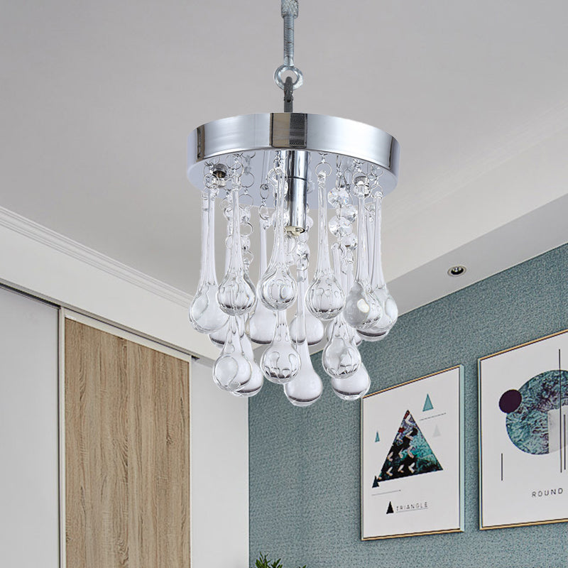 Raindrop Beveled K9 Crystal Ceiling Light Modernism 1 Light Guest Room Suspended Lighting Fixture in Chrome Chrome Clearhalo 'Ceiling Lights' 'Modern Pendants' 'Modern' 'Pendant Lights' 'Pendants' Lighting' 1032139