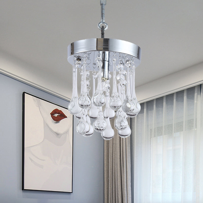 Raindrop Beveled K9 Crystal Ceiling Light Modernism 1 Light Guest Room Suspended Lighting Fixture in Chrome Clearhalo 'Ceiling Lights' 'Modern Pendants' 'Modern' 'Pendant Lights' 'Pendants' Lighting' 1032140