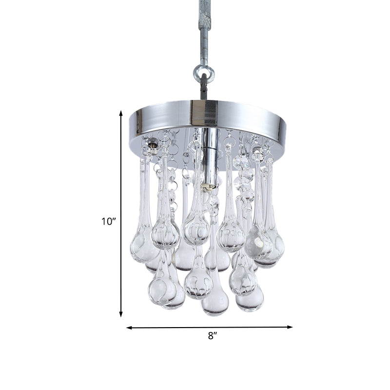 Raindrop Beveled K9 Crystal Ceiling Light Modernism 1 Light Guest Room Suspended Lighting Fixture in Chrome Clearhalo 'Ceiling Lights' 'Modern Pendants' 'Modern' 'Pendant Lights' 'Pendants' Lighting' 1032142