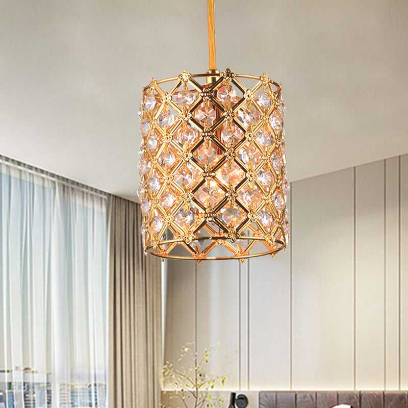 Hand-Cut Crystal Gold Ceiling Hang Fixture Cylindrical 1 Bulb Simple Pendulum Light with Straight Arm Clearhalo 'Ceiling Lights' 'Modern Pendants' 'Modern' 'Pendant Lights' 'Pendants' Lighting' 1032152