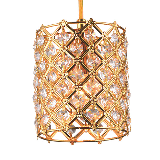 Hand-Cut Crystal Gold Ceiling Hang Fixture Cylindrical 1 Bulb Simple Pendulum Light with Straight Arm Clearhalo 'Ceiling Lights' 'Modern Pendants' 'Modern' 'Pendant Lights' 'Pendants' Lighting' 1032153