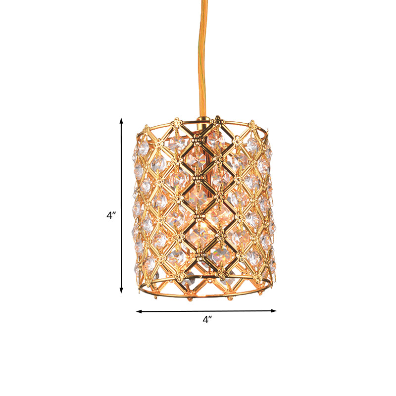 Hand-Cut Crystal Gold Ceiling Hang Fixture Cylindrical 1 Bulb Simple Pendulum Light with Straight Arm Clearhalo 'Ceiling Lights' 'Modern Pendants' 'Modern' 'Pendant Lights' 'Pendants' Lighting' 1032154