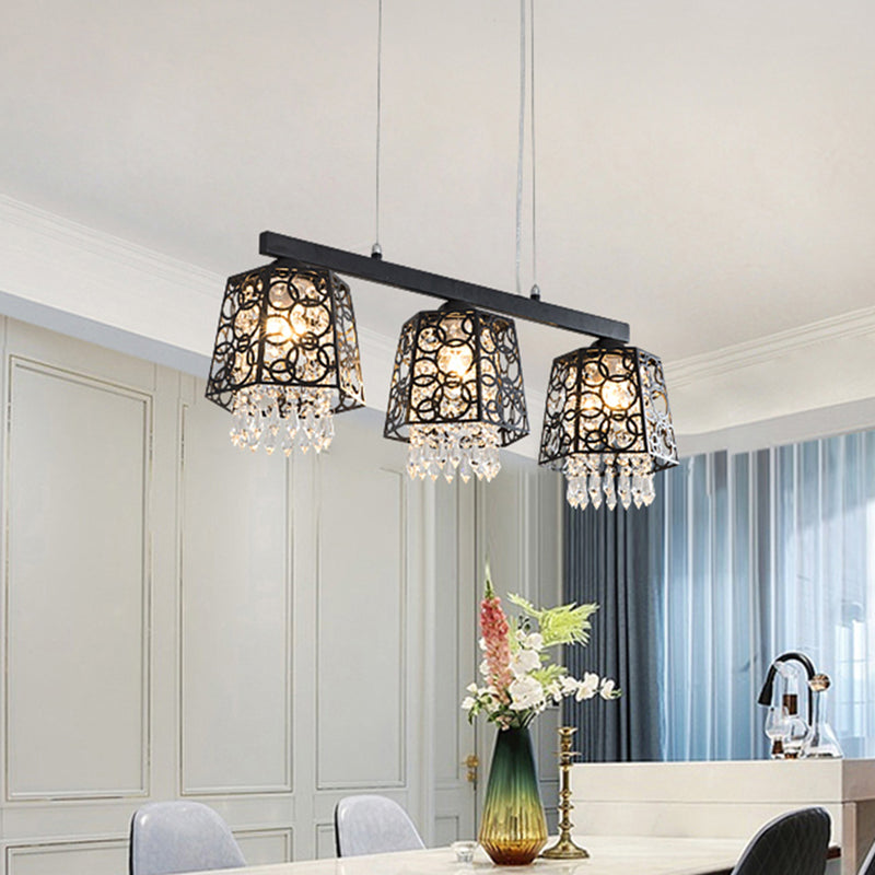 Black Ironic Shade Hanging Island Light Modern Crystal Droplet 3 Heads Kitchen Pendant Light Fixture Black Clearhalo 'Ceiling Lights' 'Island Lights' Lighting' 1032171